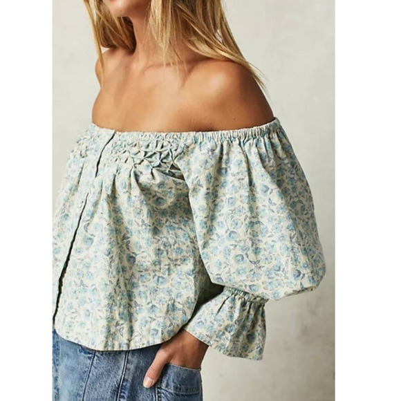 New Free People James Off The Shoulder Smock Crop Top  $128 SMALL Blue Floral - Picture 3 of 5